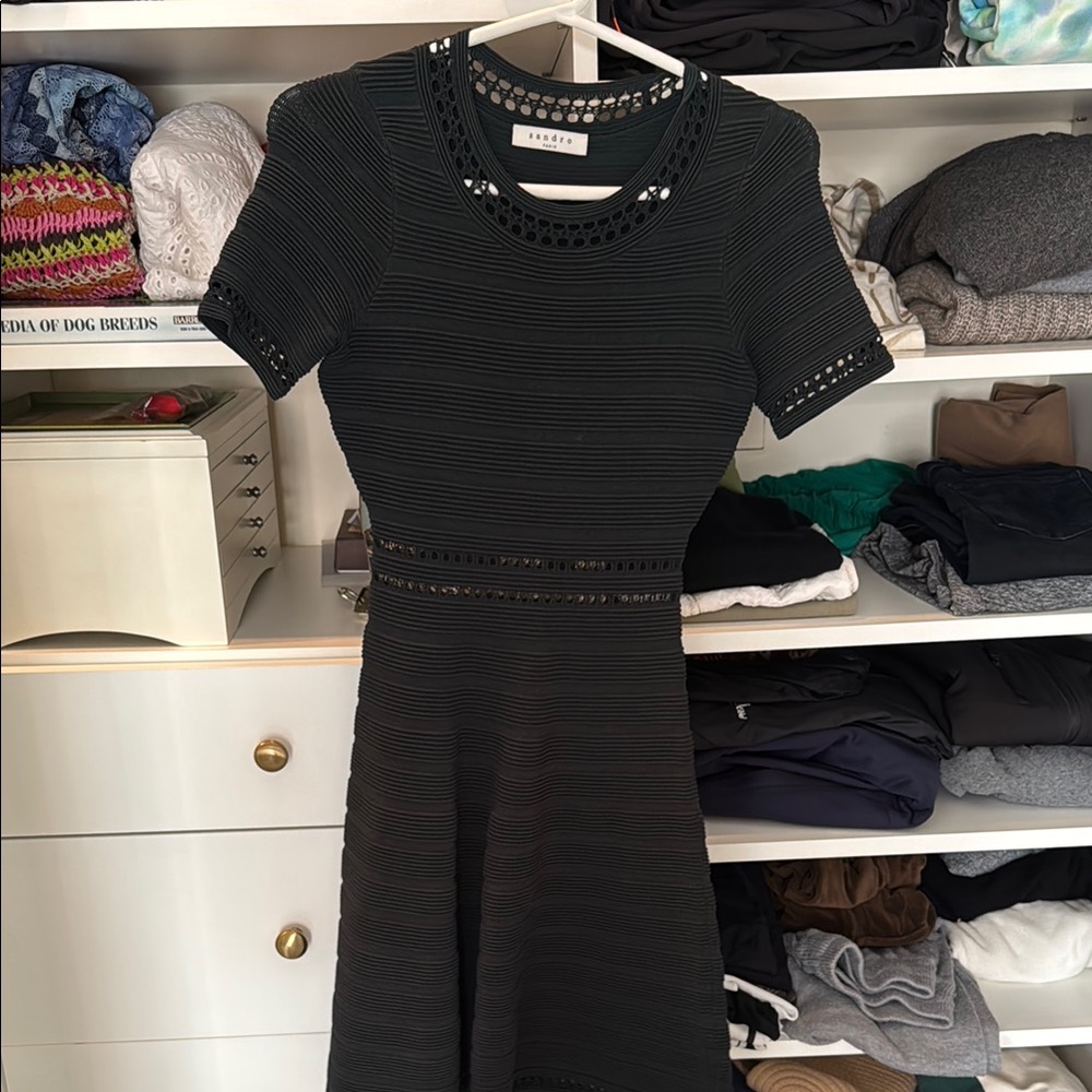 Sandro Dark Green Midi Dress with Cutout Details